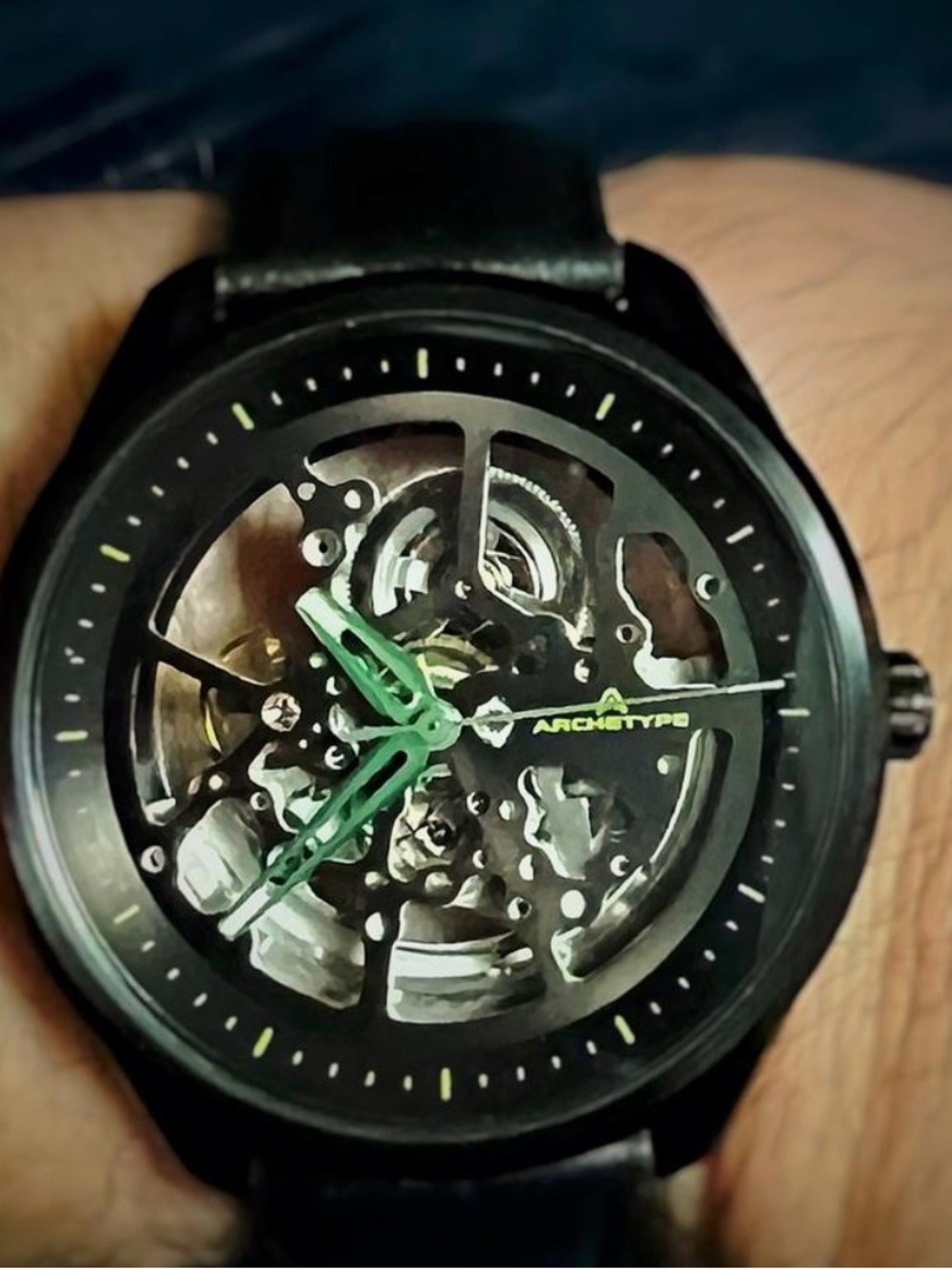 Archetype Black Men's Skeleton Watch with Green Hands